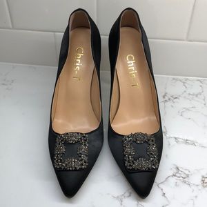 Black satin pump w crystal-encrusted square buckle
